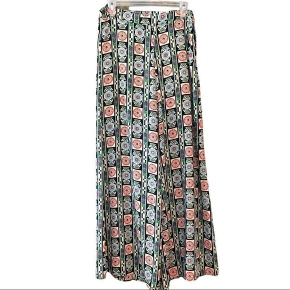 How.Very.Loved S BOHO Maxi Green Geometric Design Pullon Palazzo Wide Legs Pants - Picture 1 of 8